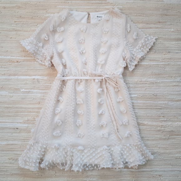 & Merci Cream Textured Pom Pom Swiss Dot Dress with Ruffle Hem Size M EUC - Picture 1 of 15